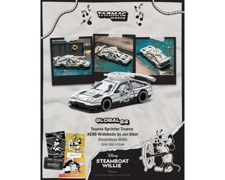 Tarmac Works Toyota Sprinter Trueno AE86 Widebody by Jon Sibal Mickey and Friends Steamboat WillieT64G-060-STEAM