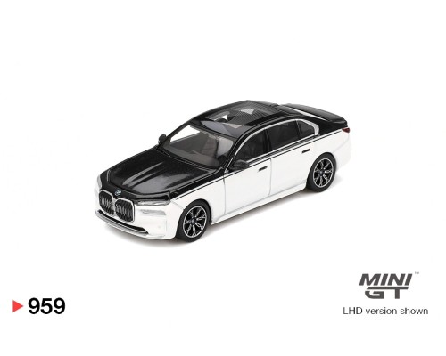 Mini GT #959 BMW i7 xDrive60 Alpine White Black Sapphire MGT00959